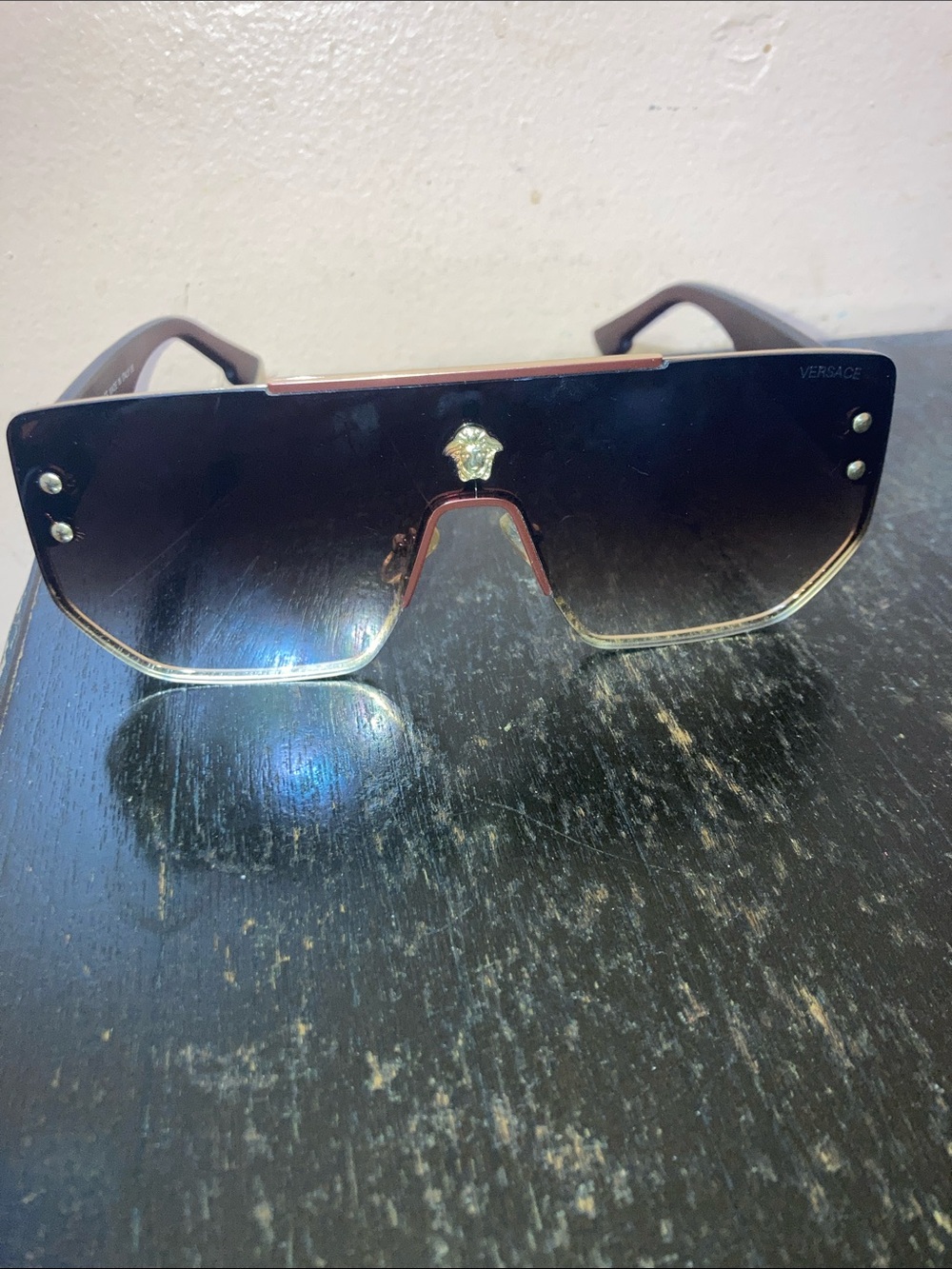 Versace Shield Sunglasses in Dark Brown Gradient with Gold Medusa